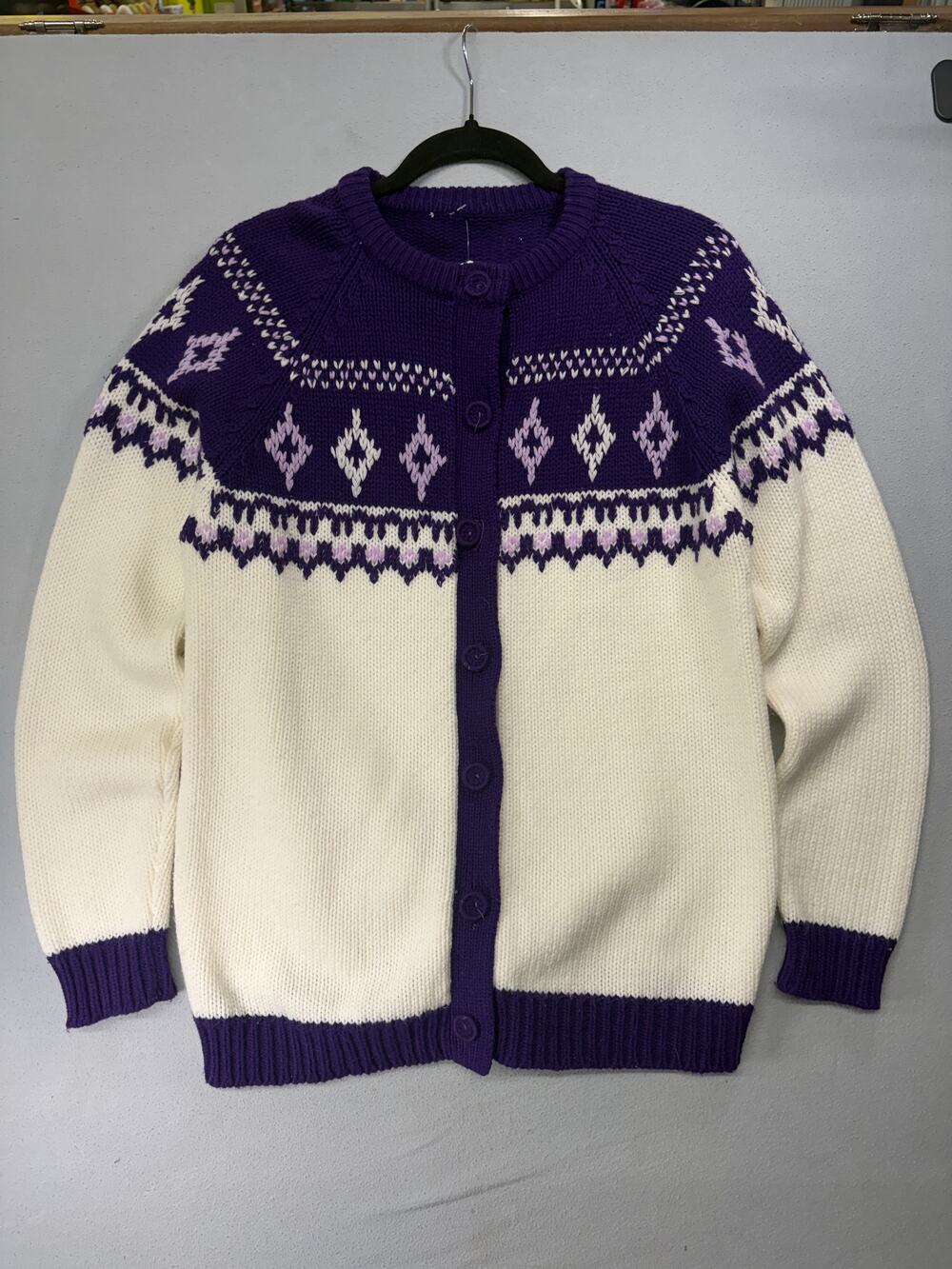 Vintage Purple And Cream Hand Knit Button Cardigan Sweater Raglan Sleeves